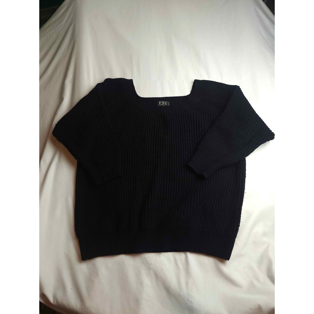POL Womens Black Square Neck Ribbed‎ Knit 3/4 Sleeve Sweater Large
